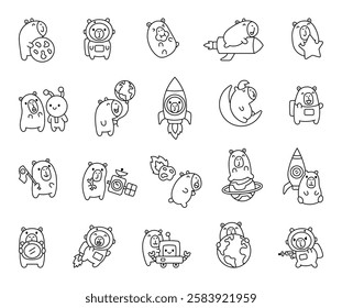 Capybara space adventure set featuring astronauts, rockets, planets, and smiling characters exploring cosmic wonders with charming expressions in a fun cartoon style for your illustrations