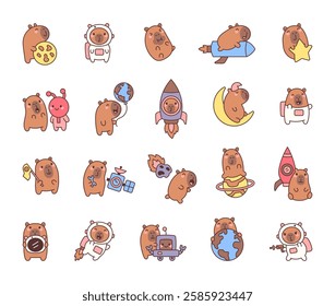 Capybara space adventure set featuring astronauts, rockets, planets, and smiling characters exploring cosmic wonders with charming expressions in a fun cartoon style for your illustrations