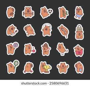 Capybara sport set showing adorable cartoon animals doing different activities like running, swimming, skating, jumping, lifting weights, and winning trophies and medals