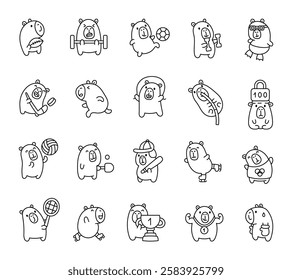 Capybara sport set showing adorable cartoon animals doing different activities like running, swimming, skating, jumping, lifting weights, and winning trophies and medals