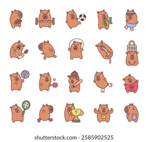 Capybara sport set showing adorable cartoon animals doing different activities like running, swimming, skating, jumping, lifting weights, and winning trophies and medals