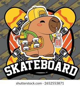 Capybara visto com um skate e beber um refrigerante