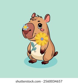 Capybara. Spring, Summer, flowers, sunflower, forget-me-nots, twigs, leaves. Holiday background for postcard design