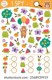 Capybara I spy game for kids. Searching and counting activity with cute animals. Capibara printable worksheet for preschool children. Simple spotting puzzle with frog, tangerine, water lily, reed