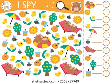 Capybara I spy game for kids. Searching and counting activity with cute relaxing animals on holiday. Capibara summer printable worksheet for preschool children. Simple spotting puzzle