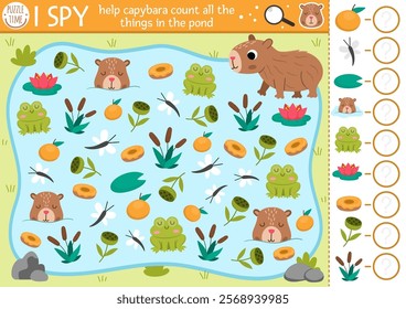 Capybara I spy game for kids. Searching and counting activity with cute animals in the pond or lake. Capibara printable worksheet for preschool children. Simple spotting puzzle with frog