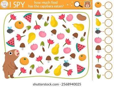 Capybara I spy game for kids. Searching and counting activity with cute animal and food he has eaten. Capibara printable worksheet for preschool children. Simple spotting puzzle