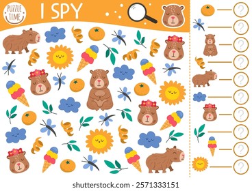 Capybara I spy game for kids. Searching and counting activity with cute relaxing animals on holiday. Capibara summer printable worksheet for preschool children. Simple spotting puzzle