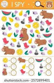 Capybara I spy game for kids. Searching and counting activity with cute animals. Capibara printable worksheet for preschool children. Simple spotting puzzle with watermelon, bird, tangerine