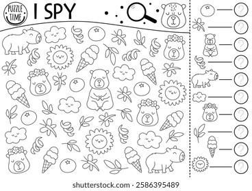 Capybara I spy game for kids. Searching and counting activity with cute relaxing animals on holiday. Capibara black and white summer printable worksheet, coloring page. Simple spotting puzzle
