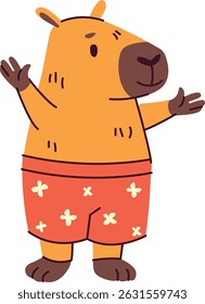 Uma capivara está de braços abertos em um estilo de desenho animado lúdico. O animal usa shorts padronizados, exalando um comportamento amigável. Ilustração de vetor de desenhos animados.