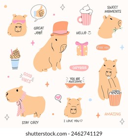 Capybara sticker set. Cute cartoon character, badge and lettering isolated on white. Hand drawn flat style. Clip art collection of design elements. Vector illustration.