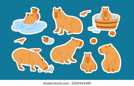 Capybara Aufkleber Set. Lustige lustige capybara Figuren schwimmen, baden, zu Fuß, entspannen. Aufkleberpackung. Tiere mit Vergnügen. Lustige Comic-Figuren. Größtes Nagetier. Hydrochoerus hydrochaeris.