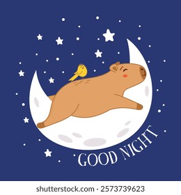 capybara stickers, cute capybara, funny, night, capybara sleeping, capybara sleeping on the moon, stars, starry night, coloring
