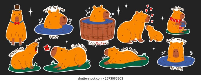 Capybara stickers set with text. Set of rodent characters swimming in pond, relaxing, walking, sleeping, drinking coffee. Hand drawn vector illustration