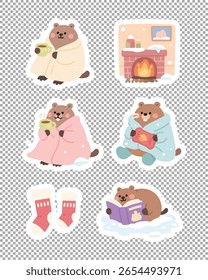 Adesivos Capybara ficar quente dentro de casa com bebidas quentes e cobertores. Ótimo para vibrações de inverno acolhedoras e jornalismo.