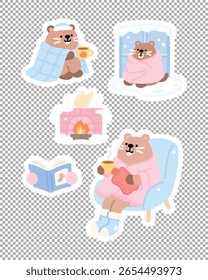 Capybara stickers staying warm indoors with hot drinks and blankets. Great for cozy winter vibes and journaling.