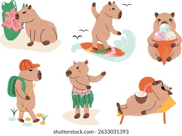 Capybara stickers for summer holidays. Flat cartoon set of characters.