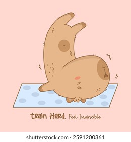 Capybara stretching on yoga mat. Funny Cartoon kawaii animal sportsman with paws raised upstairs. Cool card with motivational quote. Vector illustration. Kids collection