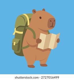 Capybara estudia el mapa durante la caminata con la mochila en un fondo azul