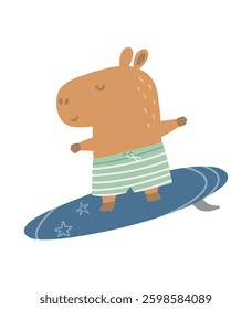 Capybara. Summer illustration of a capybara surfing.

