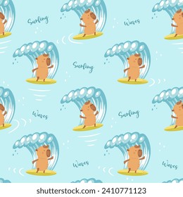 Capybara surfer on surf board. Comic style vector illustration. Seamless surfing pattern