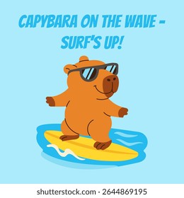 A capybara is surfing on a yellow surfboard. The capybara is wearing sunglasses and he is enjoying the ride. The image is lighthearted and fun, with a sense of adventure and excitement