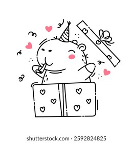 Capybara surprise from gift box in doodle outline style.Isolated on white background.Happy birthday greeting.Vector illustration.