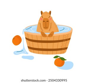 Capybara swimming in barrel. Bath with fruits. Animal takes bath with pleasure isolated on white background. Cute funny cartoon character, Rodent in water. Largest rodent. Hydrochoerus hydrochaeris.