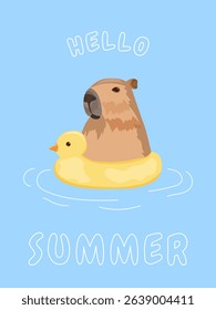 Capybara with a swimming ring. Summer theme poster, banner. Hello summer. Illustration with a capybara