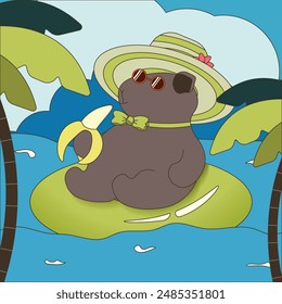 Capybara swimming in the sea. Groovy style Summer theme poster with tropical palm leaves and ocean landscape. Vector illustration with cute animal. Children art.