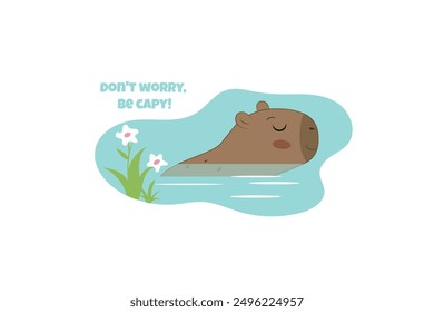 Capybara swimming in water.  Vector illustration for greeting card, prints, pattern, sticker and posters.