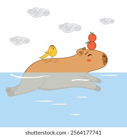 Capybara swims. Cute capybara in the water.