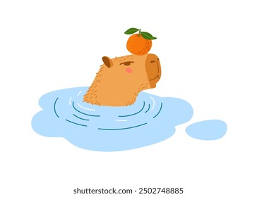 Capybara swims in pond. Animal takes bath with pleasure isolated on white background. Cute funny cartoon character, Rodent in water. Largest rodent in world. Hydrochoerus hydrochaeris