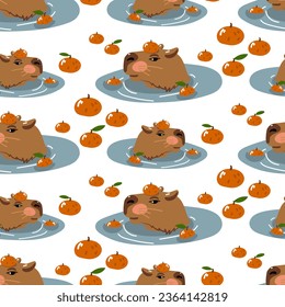 Capybara schwimmt in Wasser mit Tangerinen nahtlosen Mustern. Das Tier schwimmt und nur der Kopf ist sichtbar. Textur von Babygewebe, Cartoon, süßer Charakter auf weißem Hintergrund mit Tangerinen