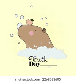 Capybara Take a Bath. Design for Bath Day Card, Sticker, T-Shirt, Textile Shopper Bag and Other Garment.