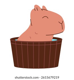 Capybara take a bath in water inside a wooden bathtub cute vector flat illustration sticker cartoon character