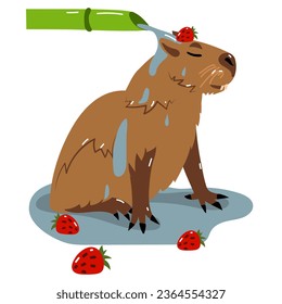 Capybara toma una ducha de lluvia de bambú con fresas. Vector aisló la ilustración plana sobre un fondo blanco. El animal se encuentra bajo un arroyo de agua y disfruta. Lavado de Capibara