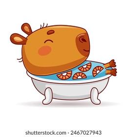 Capybara takes bath with citrus. Vector illustration.