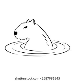 Capybara takes a bath in pond. Rodent chilling in water. Cute animal character in sketch style. Outline vector illustration