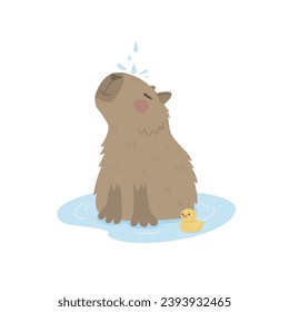 Capybara takes a shower with a rubber duck