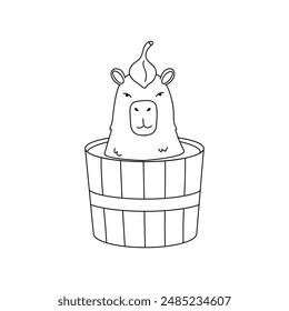 Capybara Taking A Bath In A Wooden Bucket