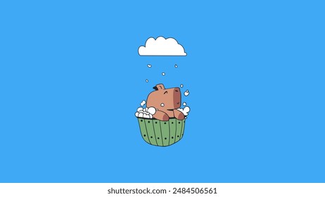 Сute capybara is taking a bathing. Character in cartoon flat style. Trendy vector illustration.