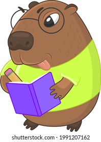 Capybara teacher with glasses with a book and pencil vector character illustration, Mascot