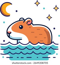 Capivara sob o luar Uma ilustração de arte de pixel de uma capivara descansando pacificamente em uma lagoa parada iluminada por uma grande lua laranja amarela
