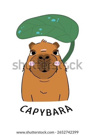 capybara vector art featuring a happy cartoon animal standing beneath a leaf with calm and peaceful mood in simple flat forest design