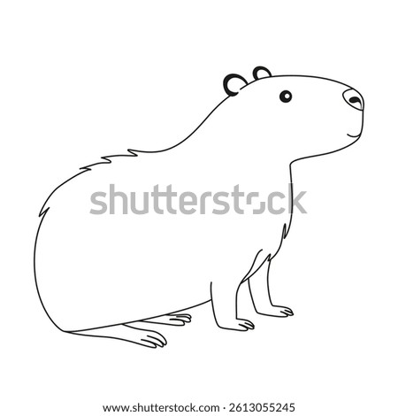 Capybara vector black and white illustration. Cute capybara sitting. Coloring page with animal. Cute capybara standing surprised with opened eyes. Guinea pig line drawing isolated on white background.