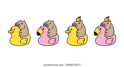 capybara vector duck flamingo swimming ring inflatable orange pet cartoon character icon logo symbol illustration beach pool isolated design