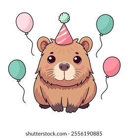 Capybara, vector, isolated, simple, flat, cap. birthday, balls.