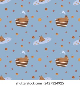 Capybara vector seamless pattern. Funny swimming animals on blue background with oranges and strawberries. Print design for textile, fabric, wallpaper, wrapping, apparel.